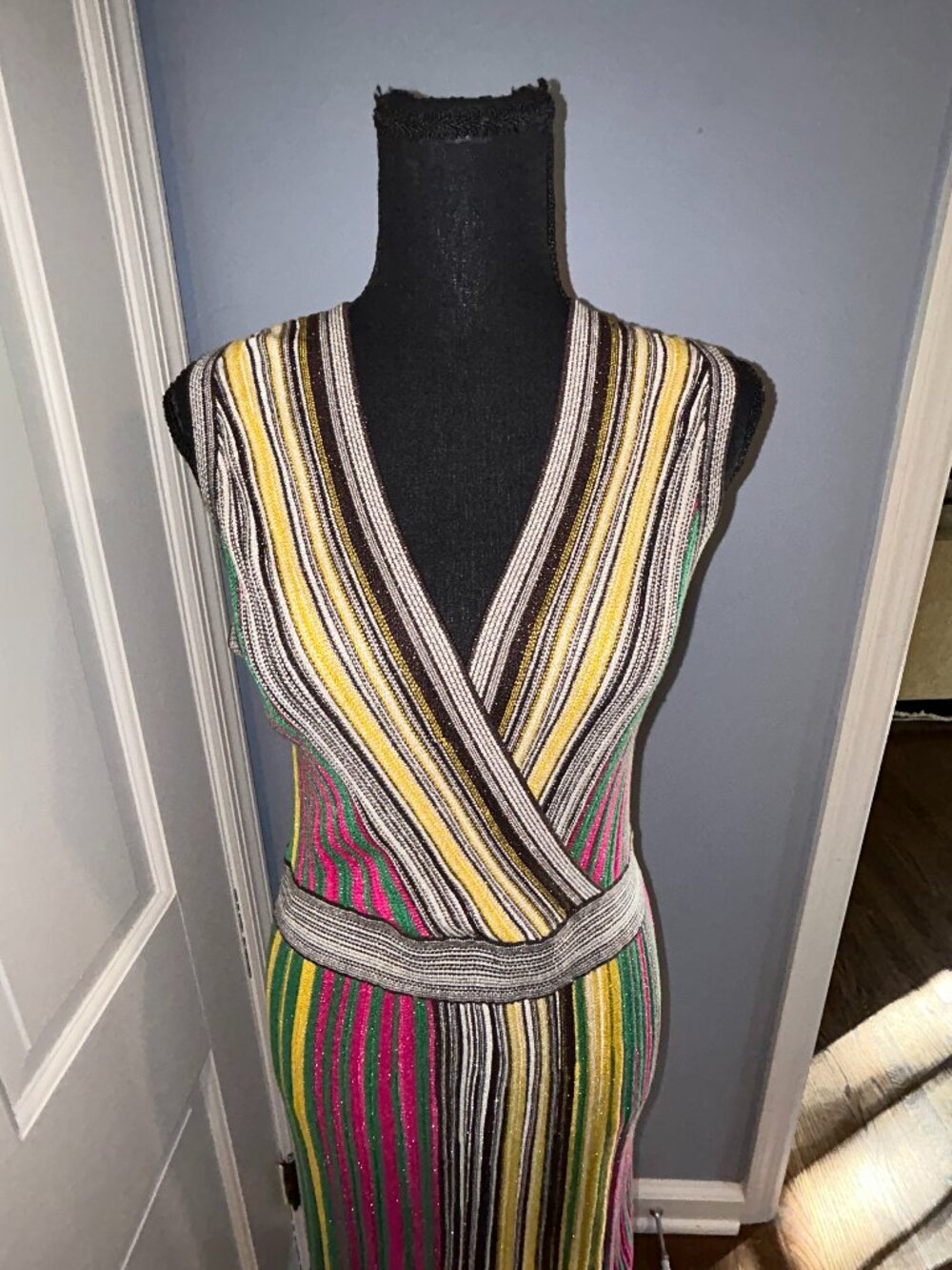 INC International Concepts Metallic Stripe Knit Midi Dress, Sz L, Pinks